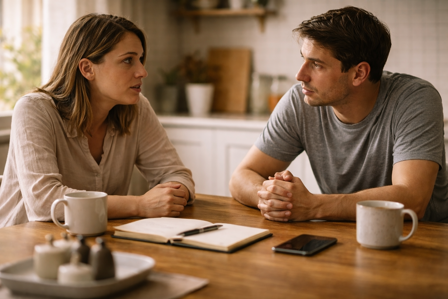 Manos anónimas sobre una mesa en un café con luz natural, gesto de conversación tranquila sin mostrar rostros