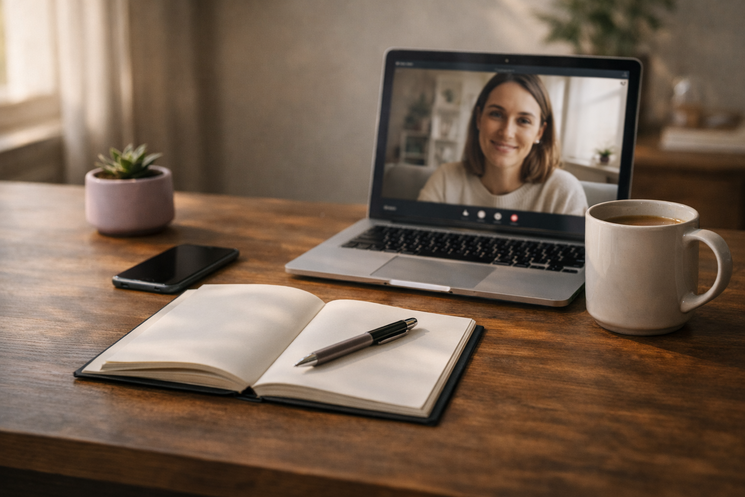 Mesa de trabajo con cuaderno abierto, taza de café y luz cálida entrando por una ventana, ambiente tranquilo y ordenado