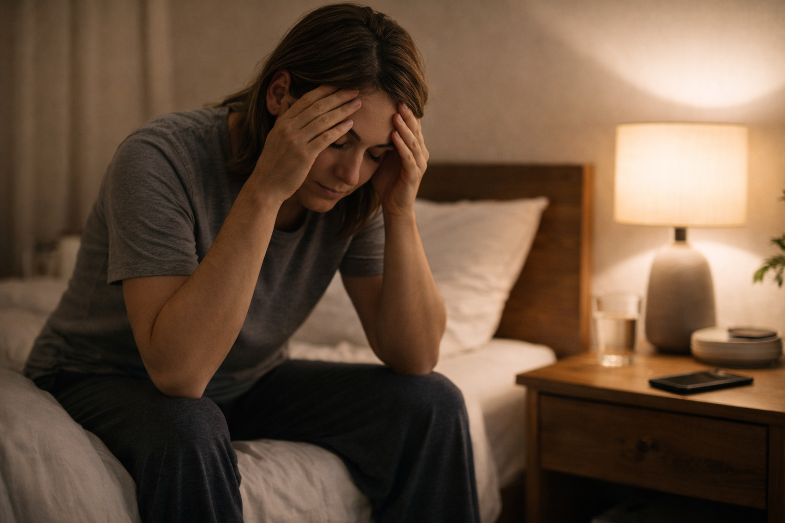 Persona anónima en un escritorio por la noche con luz cálida, manos cerca del rostro, cuaderno y laptop cerrada, sensación de cansancio