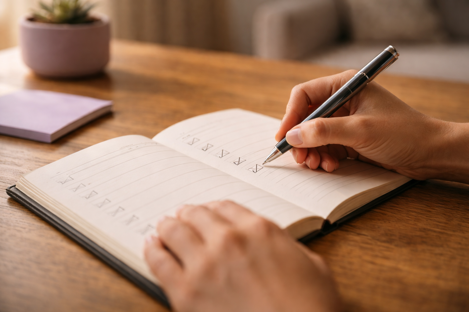 Mesa con agenda abierta, notas adhesivas sin texto legible, bolígrafo y reloj, todo en tonos neutros y luz natural suave